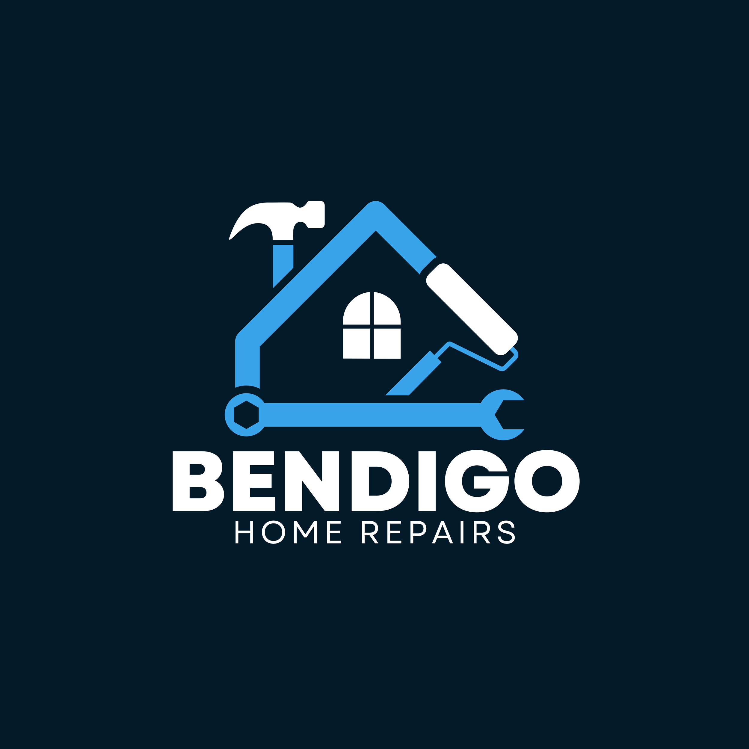 Logo for Bendigo Home Repairs featuring a house outline with a hammer, screwdriver, and wrench integrated into the design, with the text 'Bendigo Home Repairs' underneath.