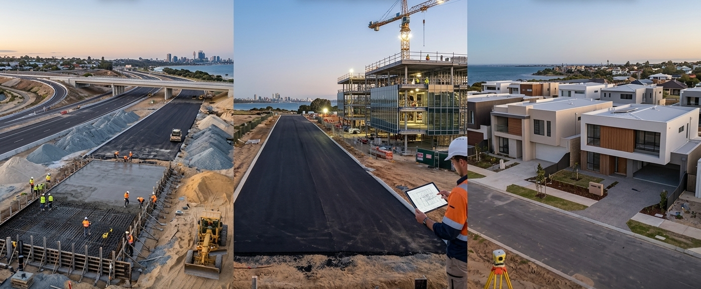 Construction site with workers pouring concrete, freshly paved road, and modern residential houses in a suburban neighborhood.