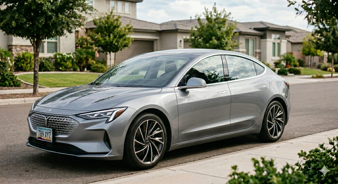 A silver sedan car parked on a suburban street, with houses and trees in the background.