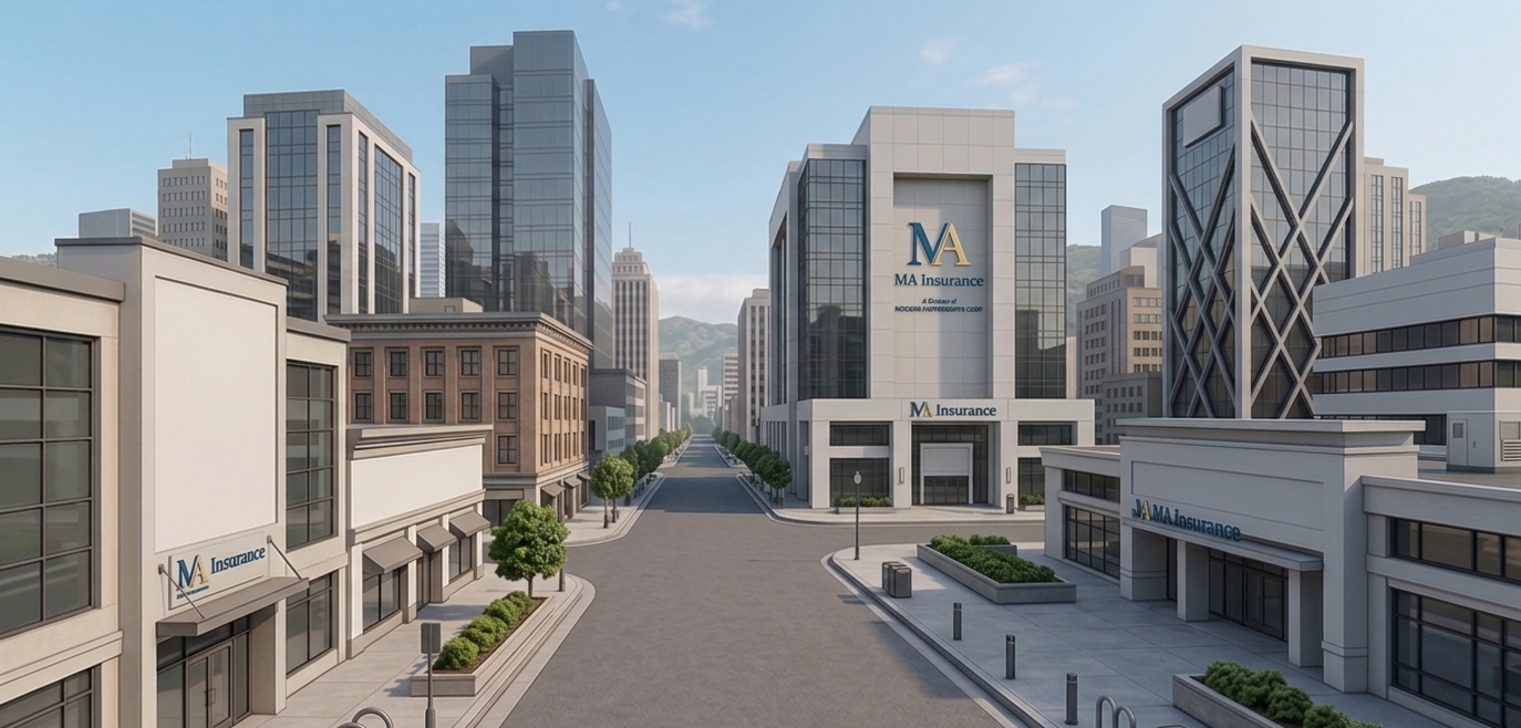 Empty city street with modern office buildings, including MA Insurance headquarters, and sidewalks lined with trees.