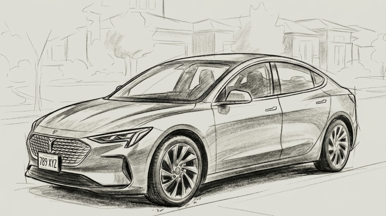 Sketch of a modern sedan car parked on a street with trees and houses in the background.