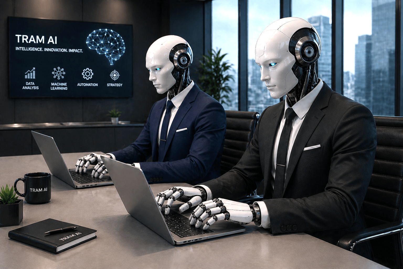 Two professional AI robots using laptops in a modern office for Tram AI business automation and AI workflow solutions.