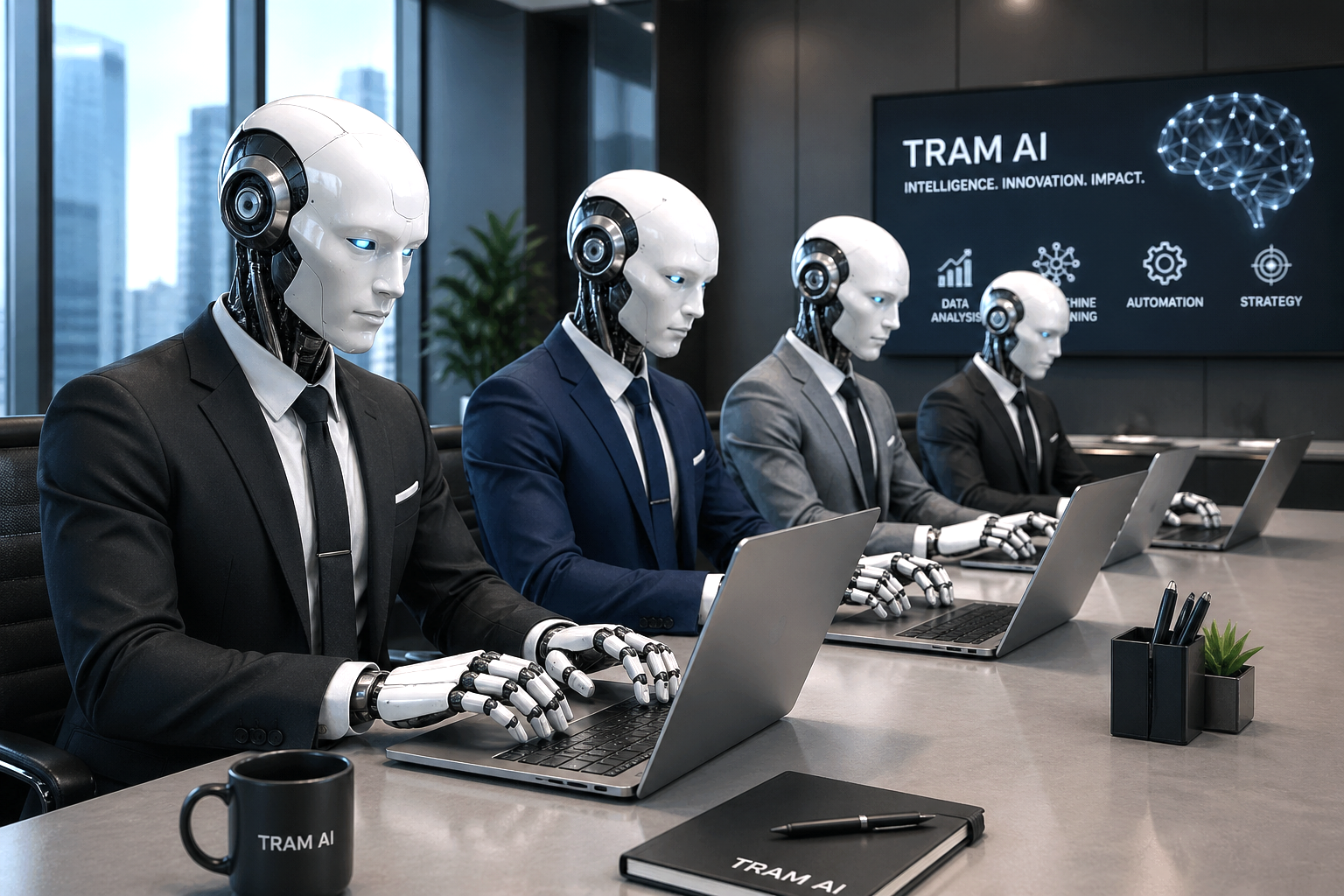 Four professional AI robots using laptops in a modern office for Tram AI business automation and AI workflow solutions.