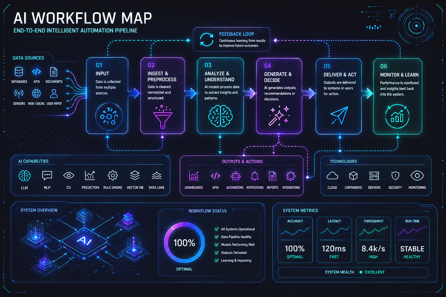 AI workflow automation map showing connected data sources, AI processing steps, outputs, and system performance metrics on a futuristic dark technology dashboard.