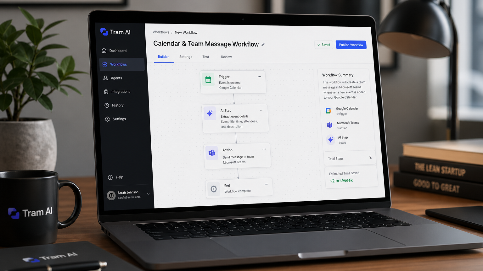 Laptop on desk with Tram AI calendar and team message automated workflow in action