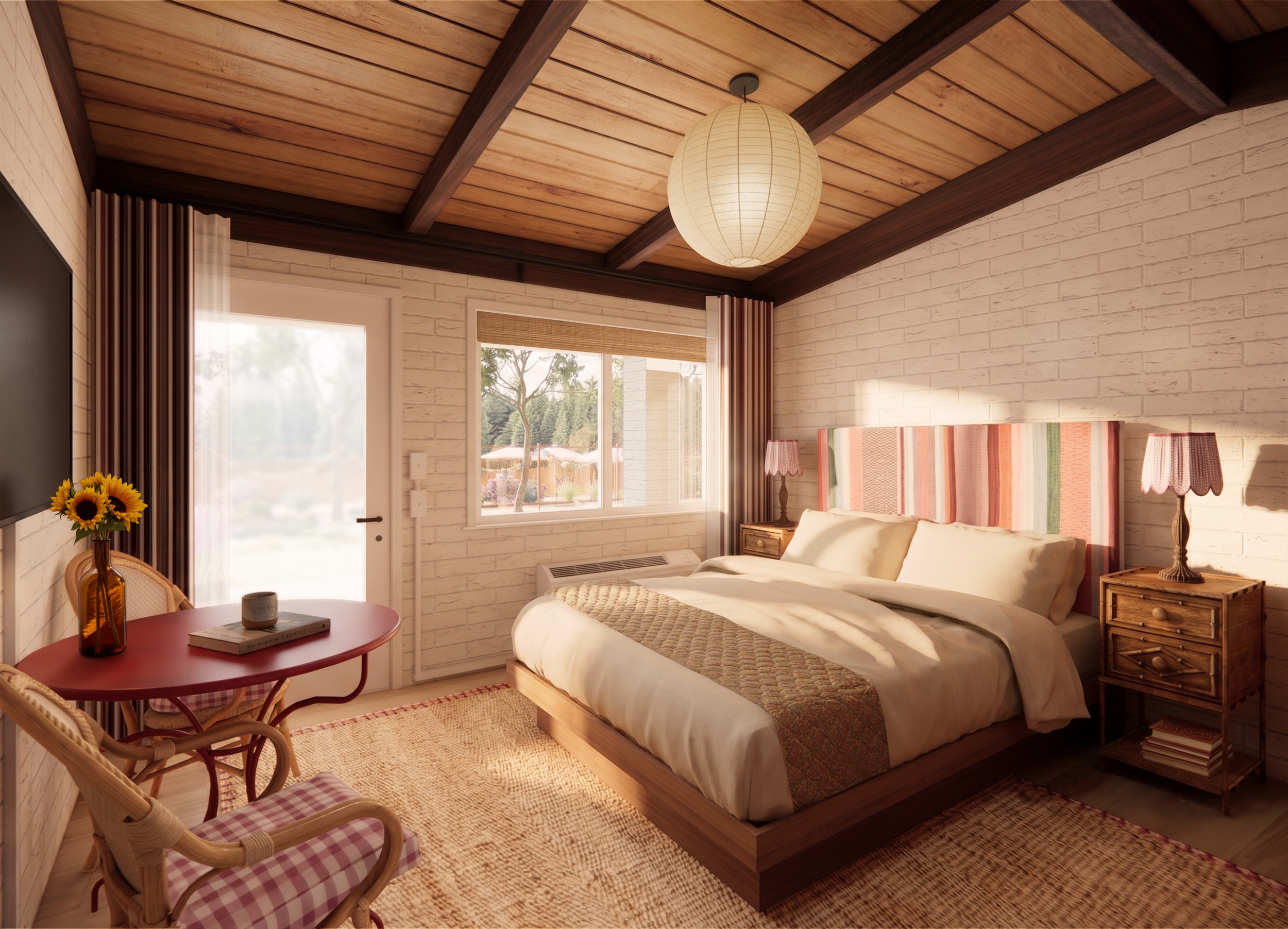 A bedroom with a wooden ceiling, white brick walls, and large windows showing trees outside. There is a bed with a striped headboard, nightstands with lamps, a small round table with a vase of sunflowers, wicker chairs with pink checkered cushions, and a hanging paper lantern light.