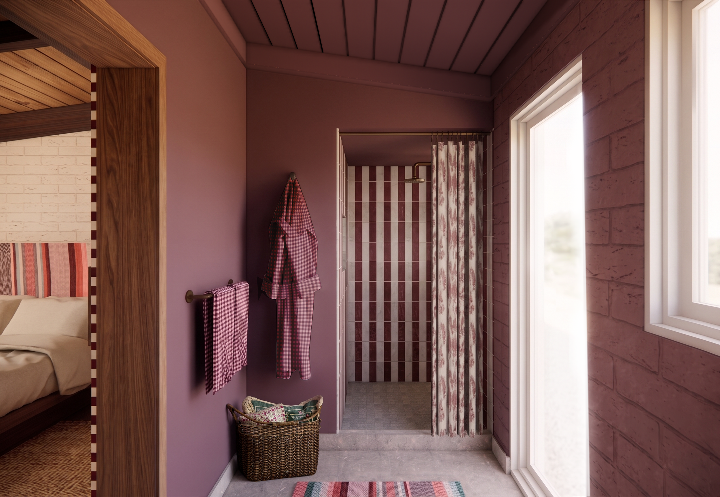 Interior view of a cozy bedroom with purple walls, wooden accents, and striped curtains separating the sleeping area from a bathroom, with a basket and hanging checkered clothing in the space.