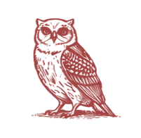 Silhouette of an owl sitting on a branch, in a reddish-brown color.