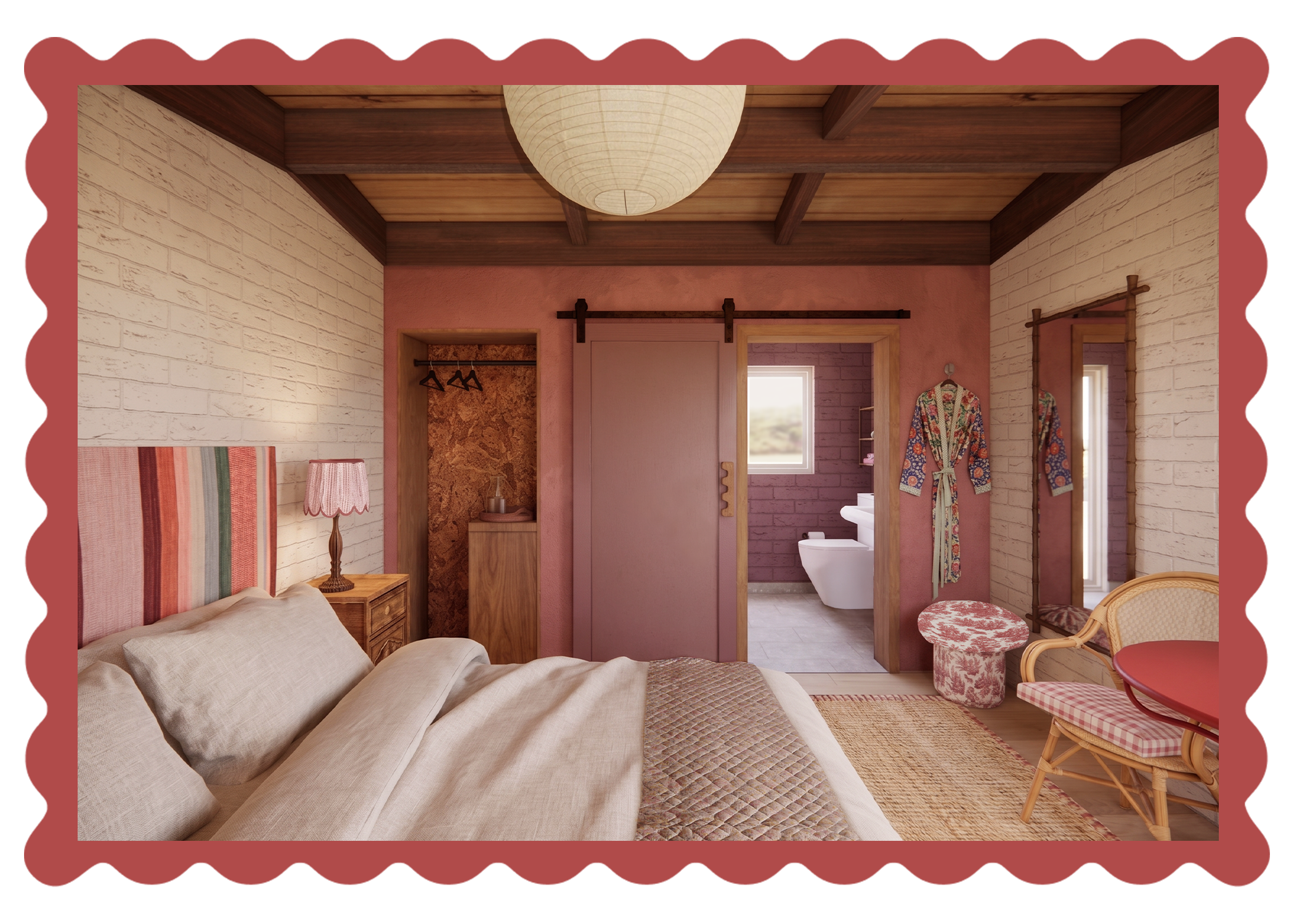 A cozy bedroom with white brick walls, a beige bed with colorful striped headboard, pink lampshade, and a wooden side table. An open doorway reveals a bathroom with a toilet, and a window in the background. There is a pink wall with a robe hanging, and a bamboo-framed mirror on the right. The ceiling has wood beams and a paper lantern light fixture.