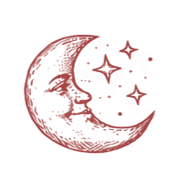 A red crescent moon with visible craters on a black background.