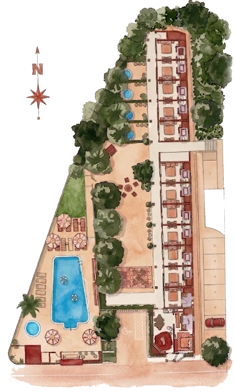 A detailed illustration of a resort courtyard layout with swimming pools, sun loungers, umbrellas, pathways, trees, and buildings with rooms.
