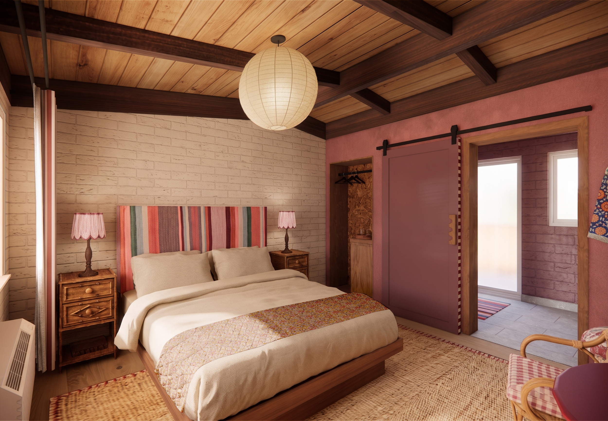 A cozy bedroom with a bed featuring a striped headboard, two wooden nightstands with pink lamps, a pink sliding door leading to a closet, and a window with pink curtains. The ceiling has wooden panels and a paper lantern light.
