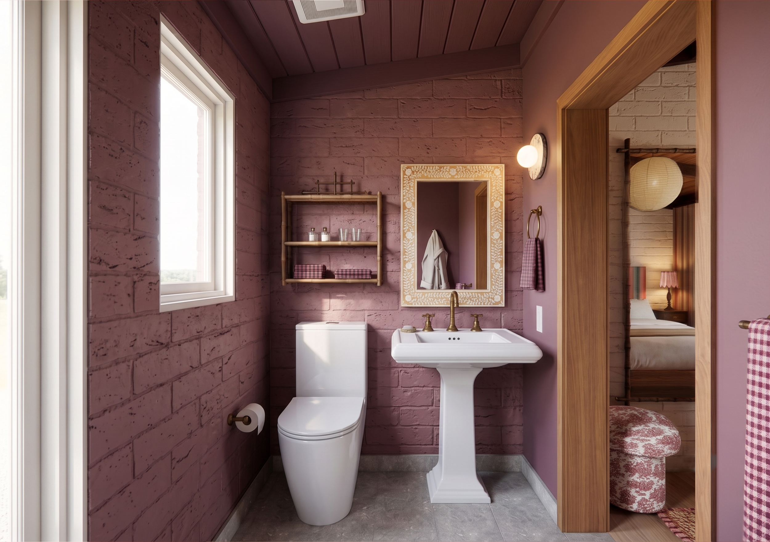 A small bathroom with pink brick walls, a white toilet, a white pedestal sink, a mirror with a floral border, a wooden shelf, and a window. The room opens to a bedroom with a bed, bedside table, lamp, and a paper lantern light.