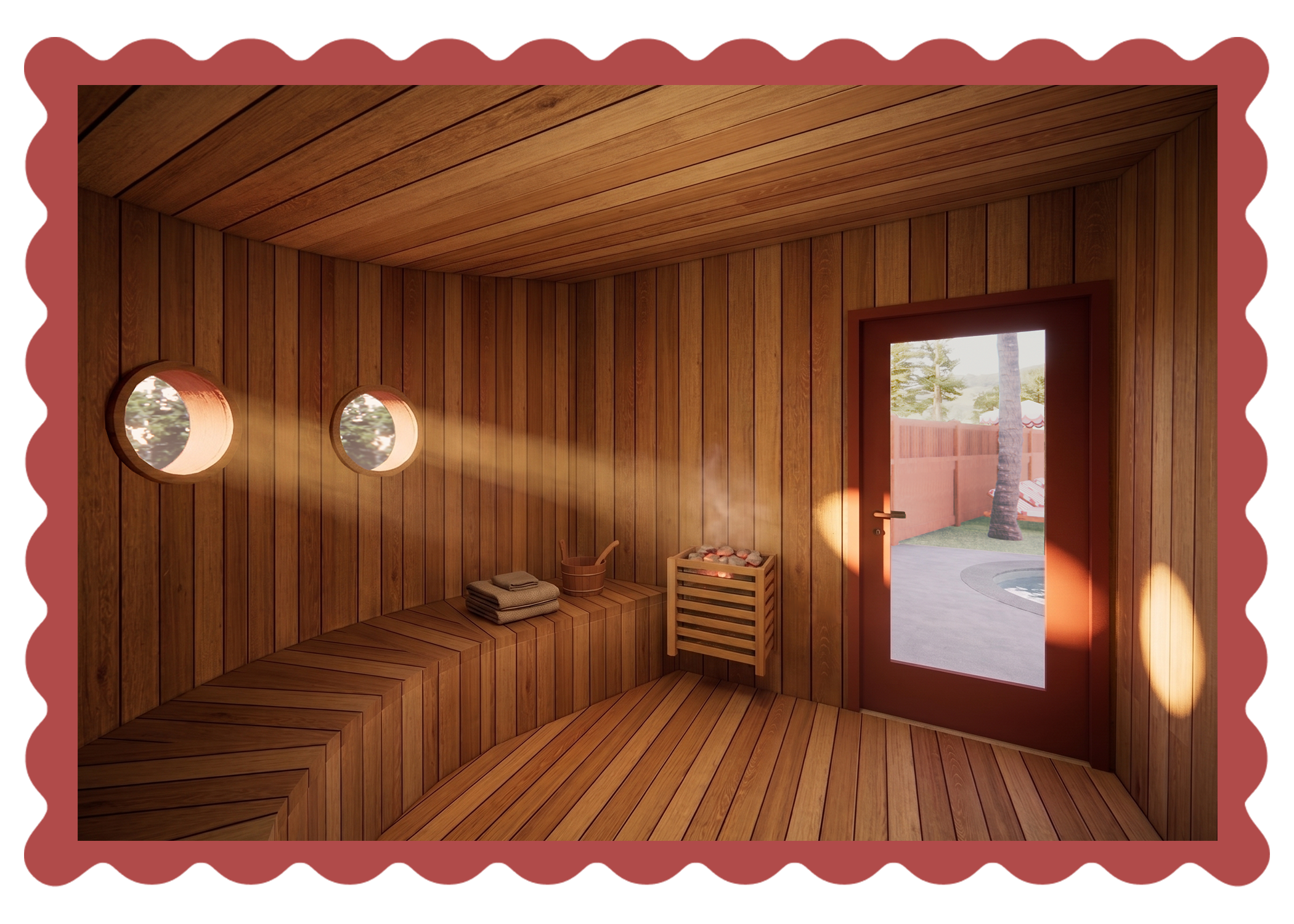 Indoor sauna with wooden panel walls, two circular windows, bench seating, and an open door leading outside to a yard with a tree and a fence.