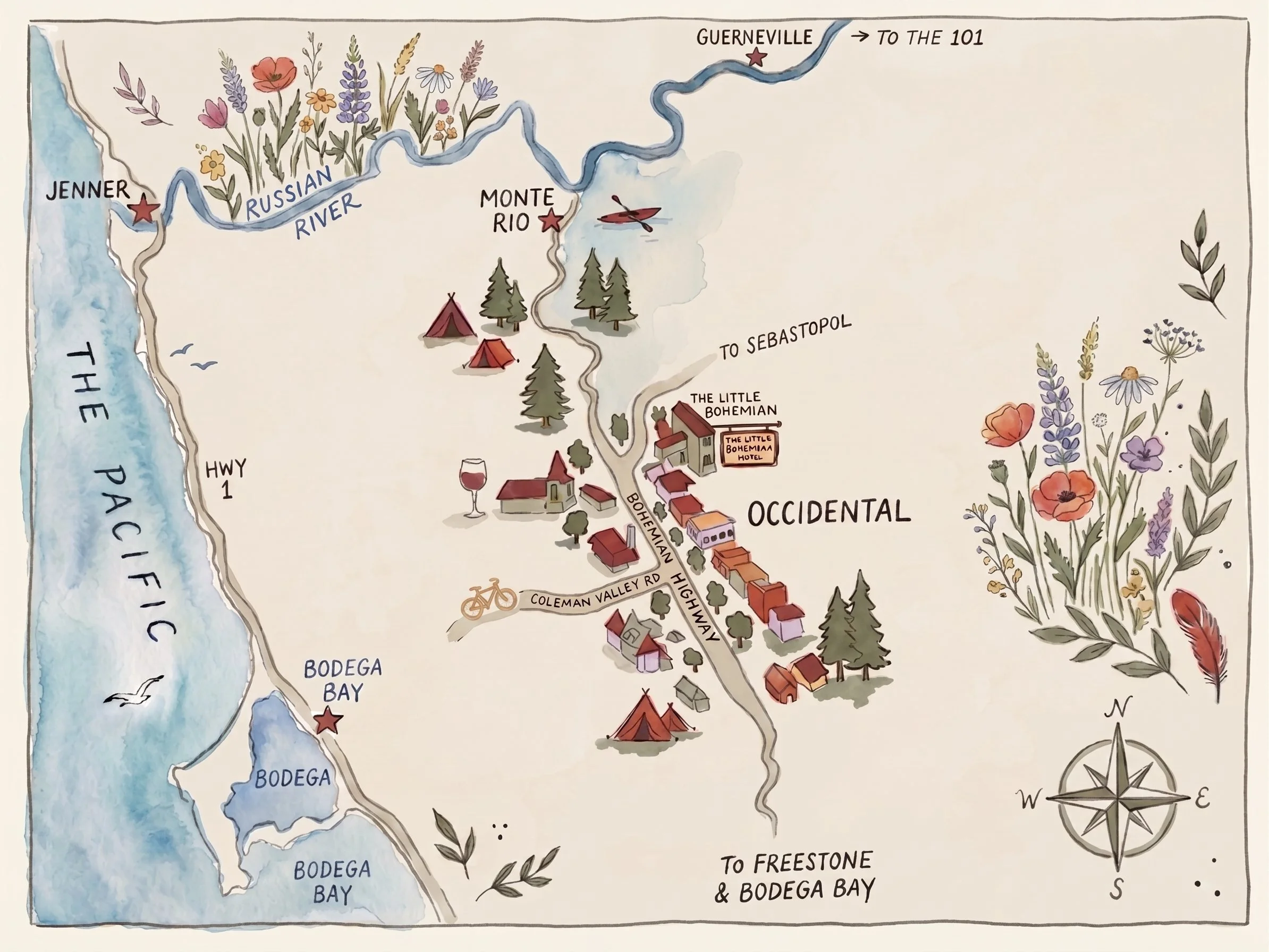 A hand-drawn map depicting a river route from Jenner to Guernville, with surrounding landmarks including Bodega Bay and the Little Bohemian Hotel. Features decorative flowers, trees, and icons of tents, kayaks, houses, and a bicycle, with a compass rose indicating directions.