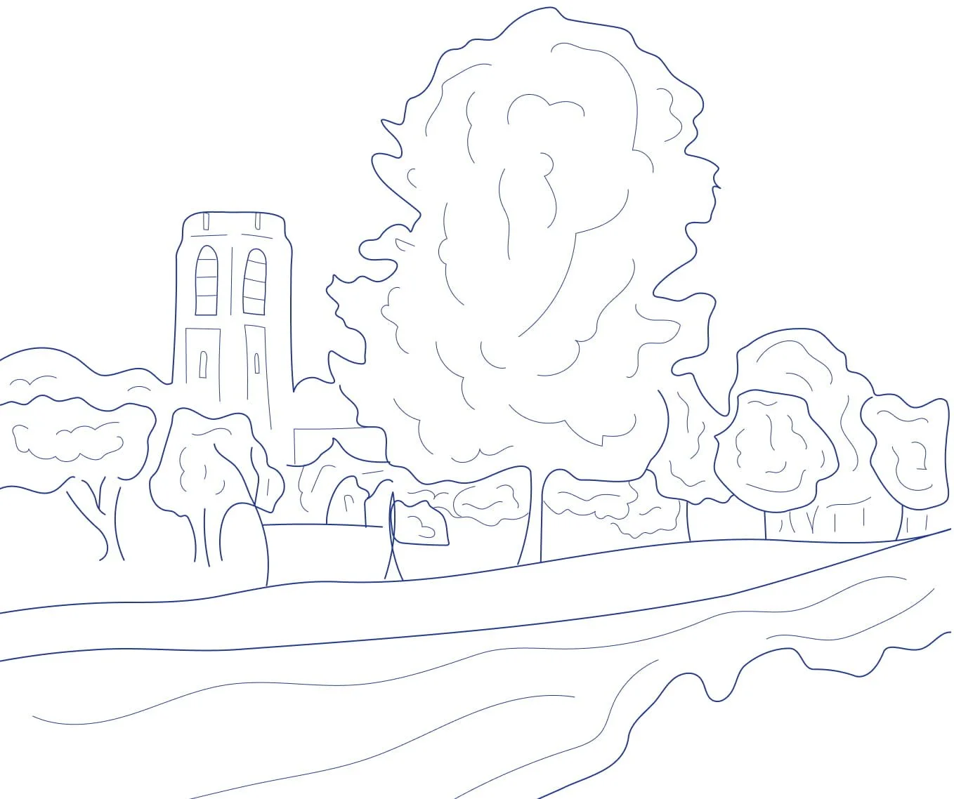 Line drawing of a landscape with a church tower, trees, and a flowing river in the foreground.