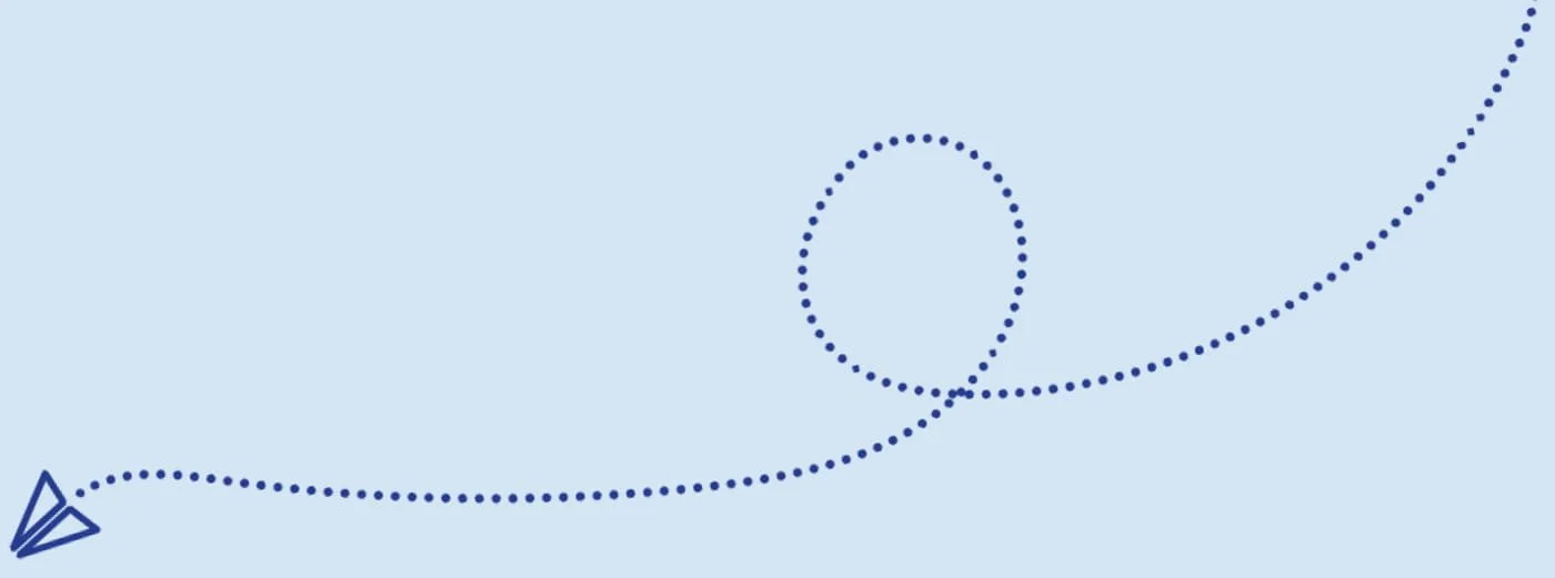 Blue background with a dotted line forming a circle, loop, and paper airplane icon in the bottom left corner.
