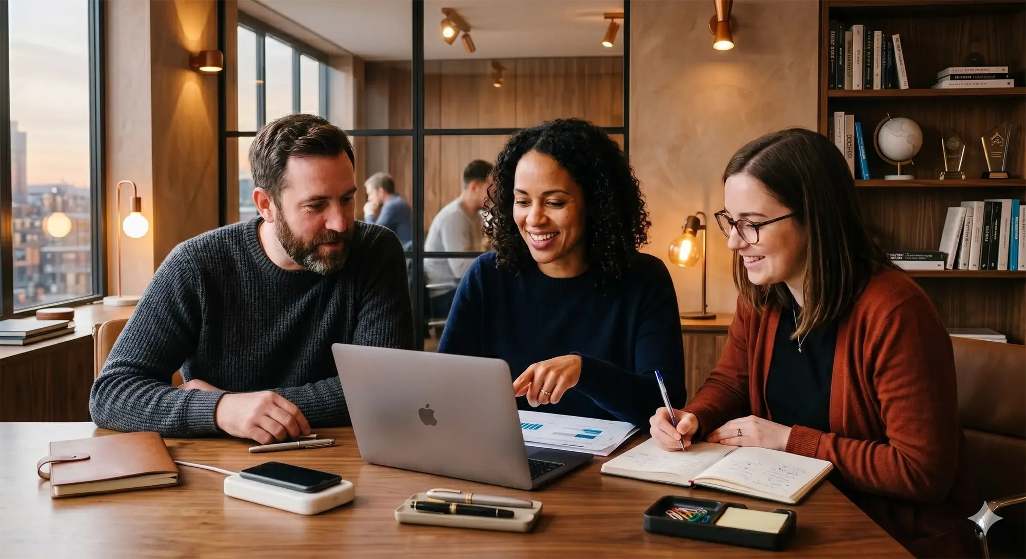 Three diverse coworkers sitting at a wooden table in a modern office, looking at a laptop and discussing work, with notebooks, pens, a smartphone, and documents in front of them.