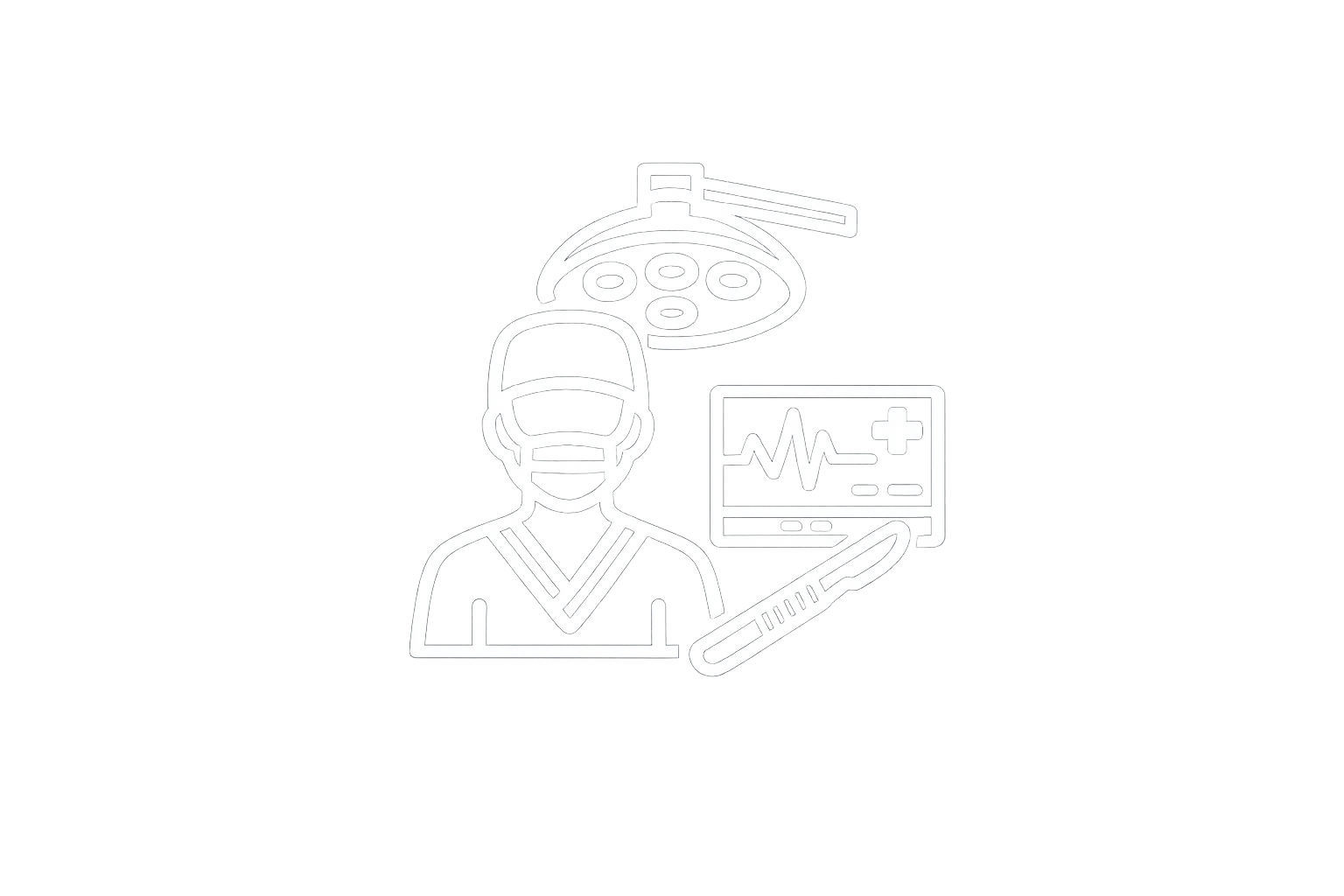 Outline icon of a healthcare worker wearing a surgical cap and mask, with medical equipment including an operating room light, a heart monitor, and a syringe in the background.