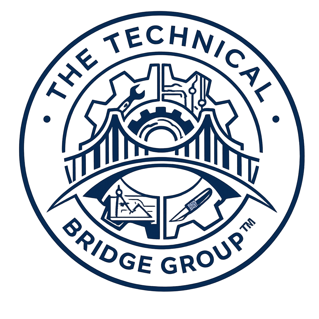 Seal of The Technical Bridge Group, featuring a gear, the Golden Gate Bridge, a blueprint, a screwdriver, and notes, emphasizing engineering and construction.
