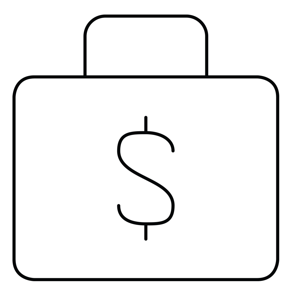 Outline of a suitcase with a large dollar sign on it, indicating money or financial value.