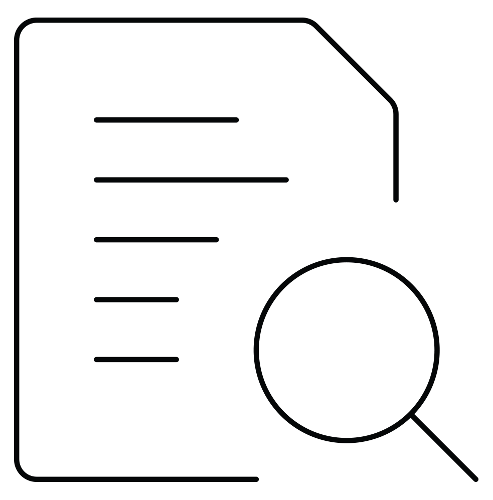 Outline of a document with text lines and a magnifying glass icon.