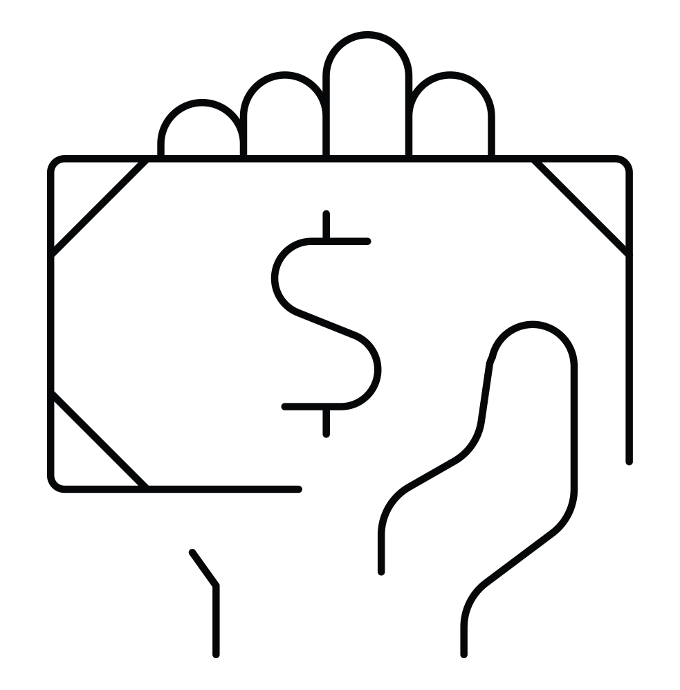 Outline drawing of a hand holding a dollar bill.