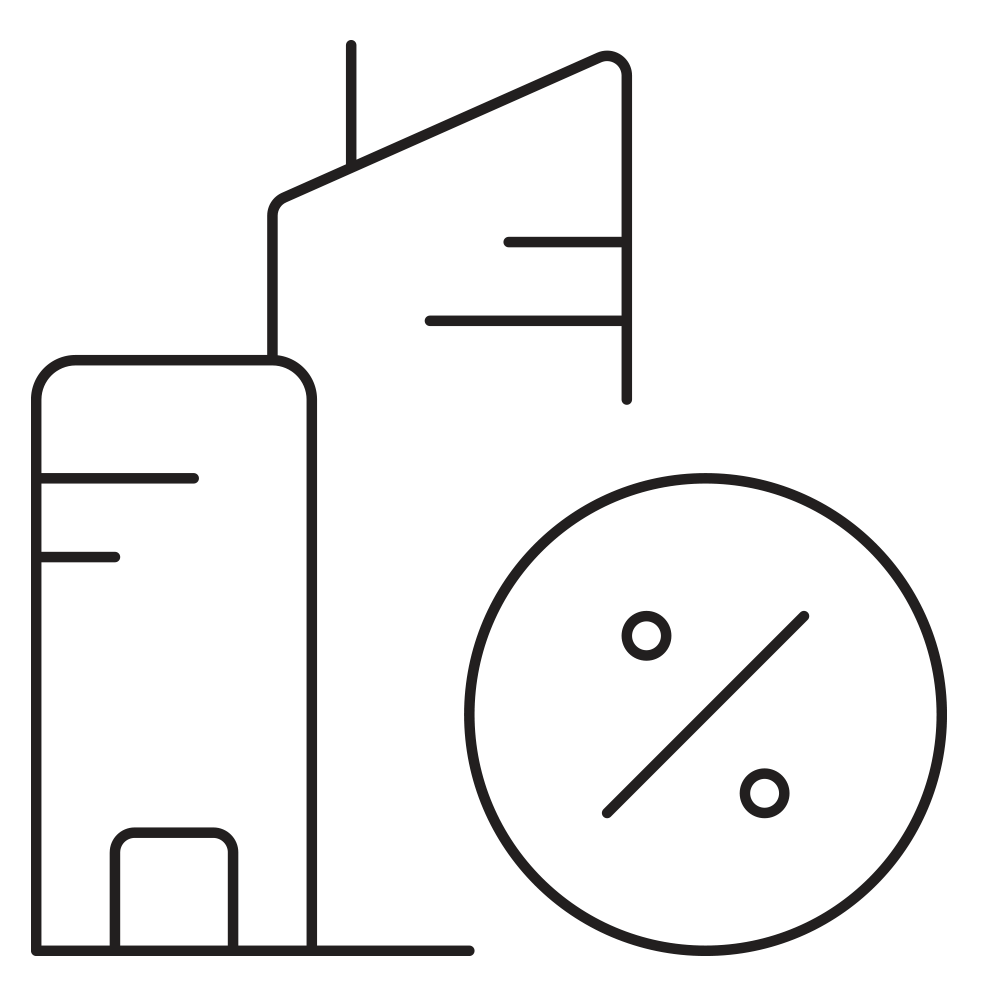 Line drawing of a tall building, a shorter building, and a round dial with a needle.