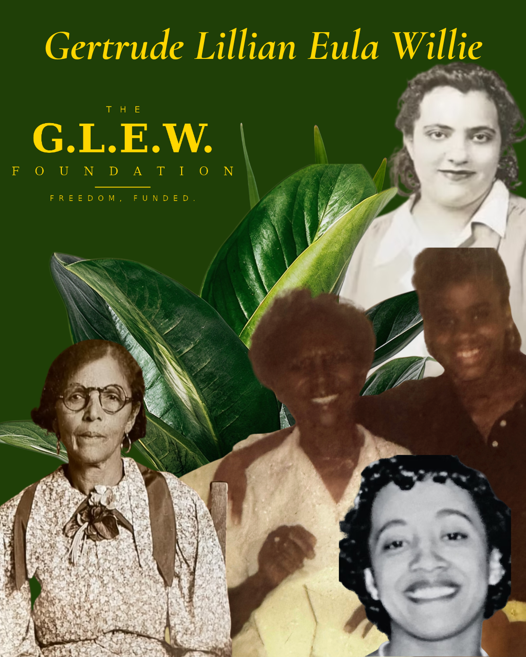 Archival-style portrait representing Gertrude, Lillian, Eula, Willie, and Zuhairah, one of the four foundational matriarchs of G.L.E.W.