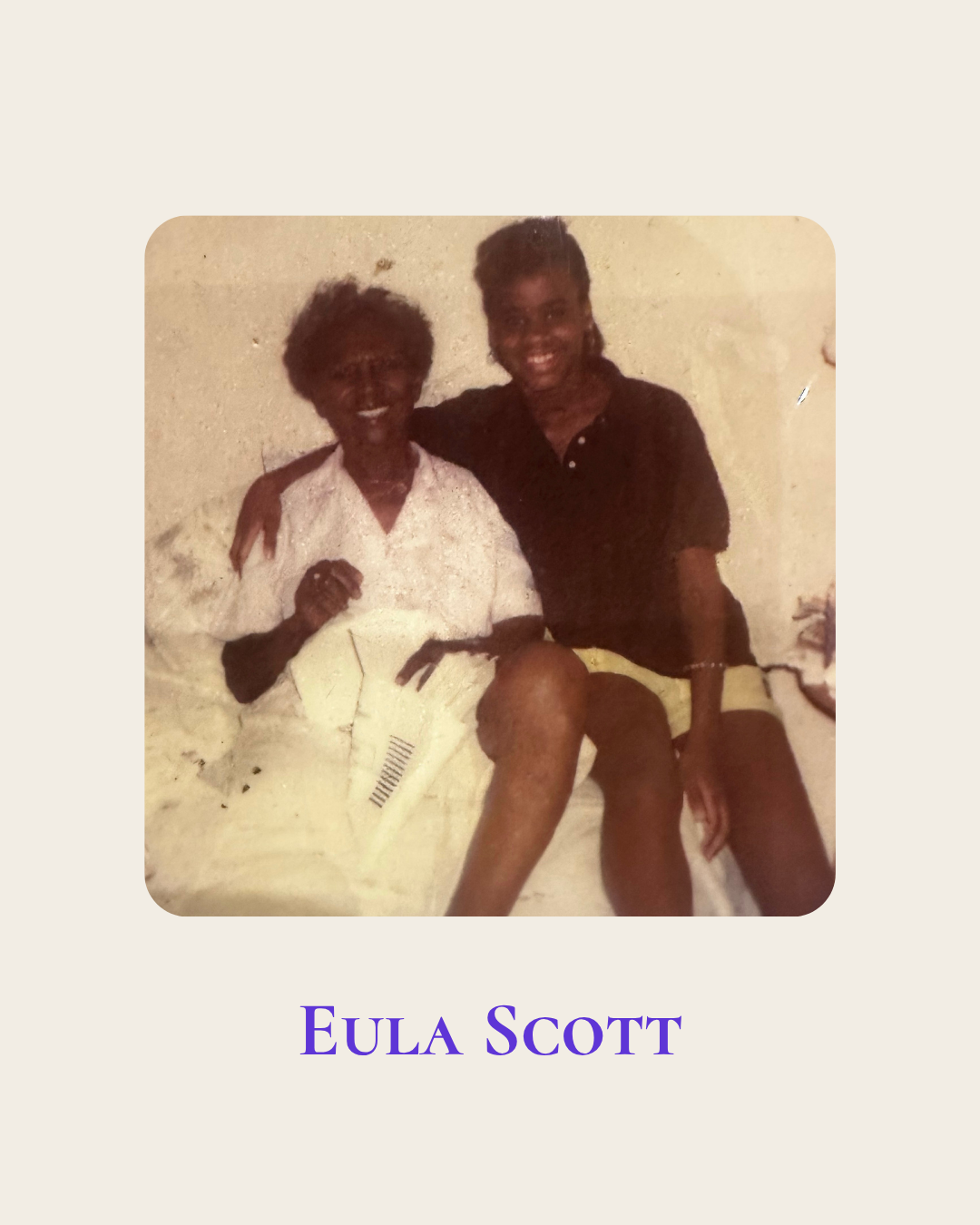 Sepia-toned archival photograph of Eula Scott sitting alongside a teenage Zuhairah.