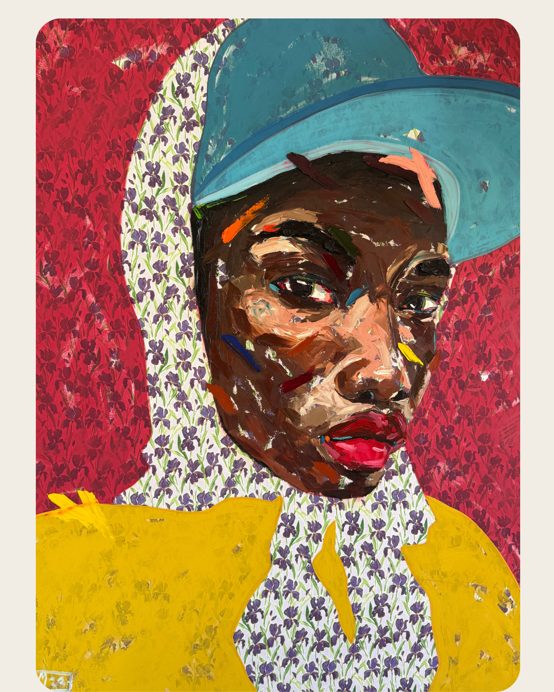 Colorful painting of a Black woman wearing a bright yellow top and patterned clothing, set against a background of purple flowers and red patterns. Original art by Megan Lewis.