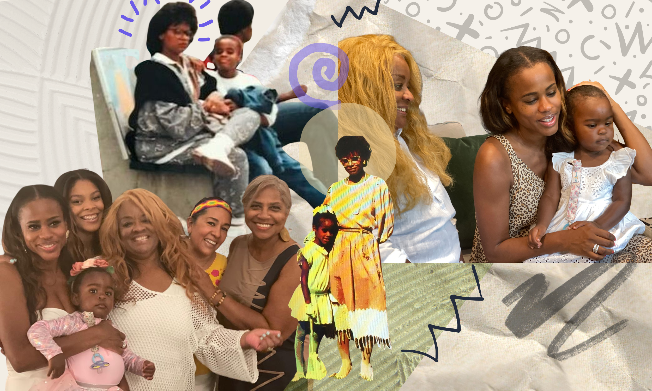 A collage of Black mothers, including G.L.E.W. founders, and children featuring modern and archival-style family photos, overlaid with artistic sketches and doodles against a neutral background.