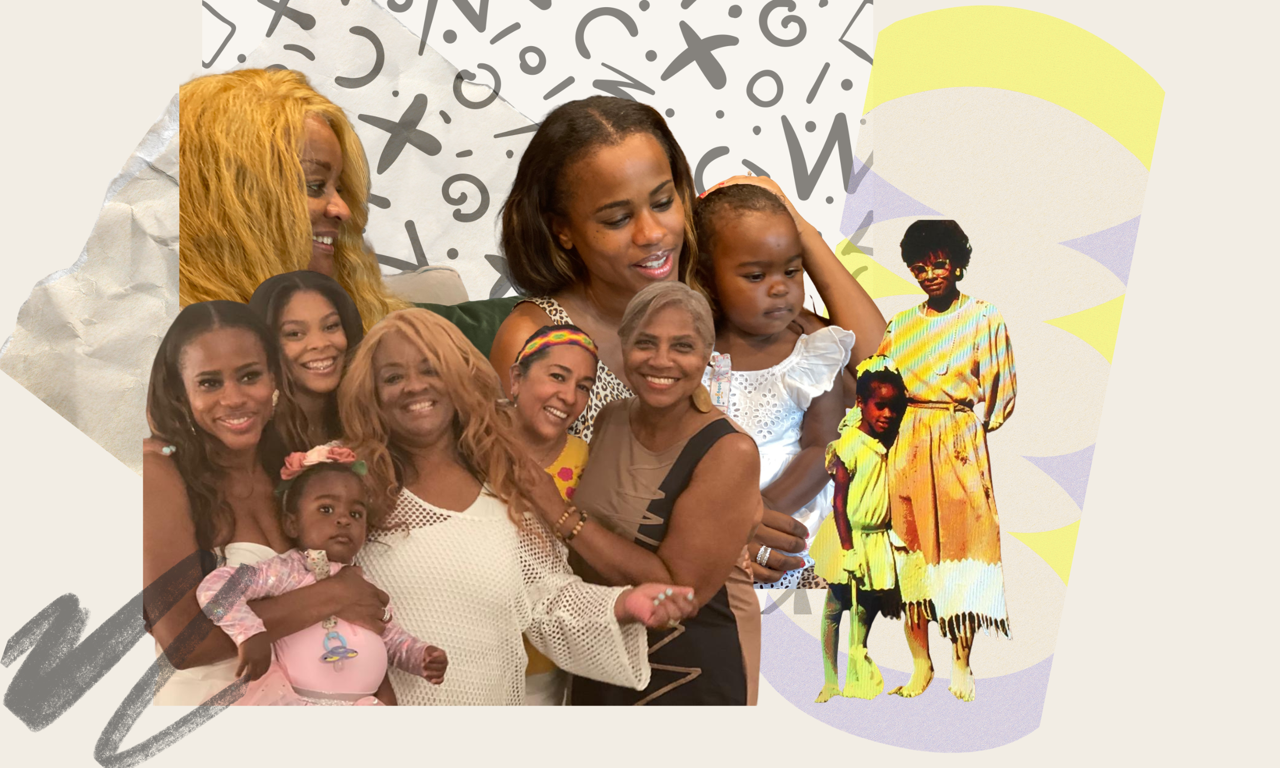 A collage of modern and archival photos showing generational groups of Black mothers, daughters, and families smiling together, layered over an abstract background with soft purple shapes and artistic line doodles. Includes three generations.