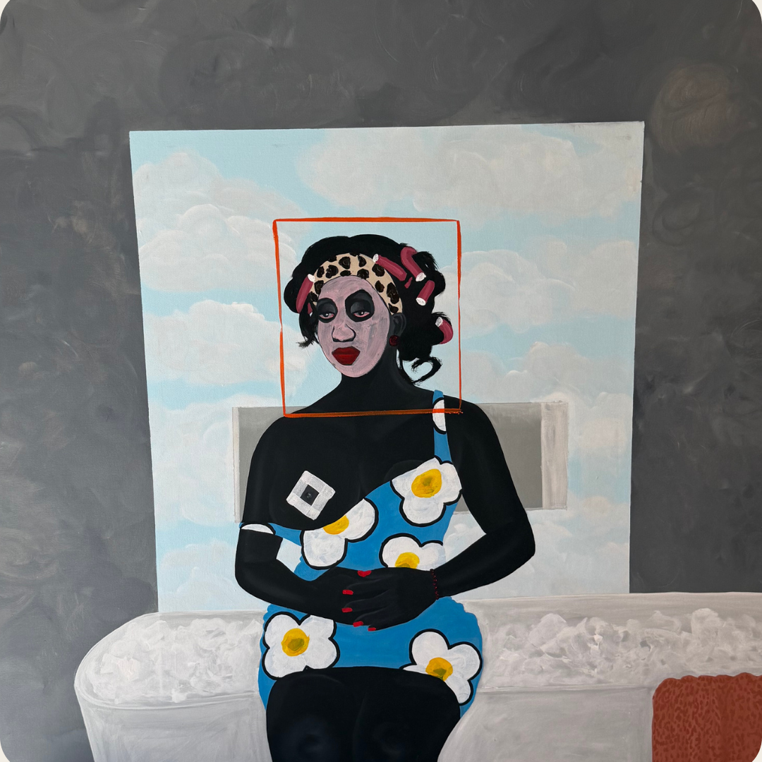 Painting of a Black woman with dark skin looking forward, wearing a patterned top with a fried flower design and a floral headpiece, set against a light blue sky framed by a grey border. Original art by Zandile Tshabalala.