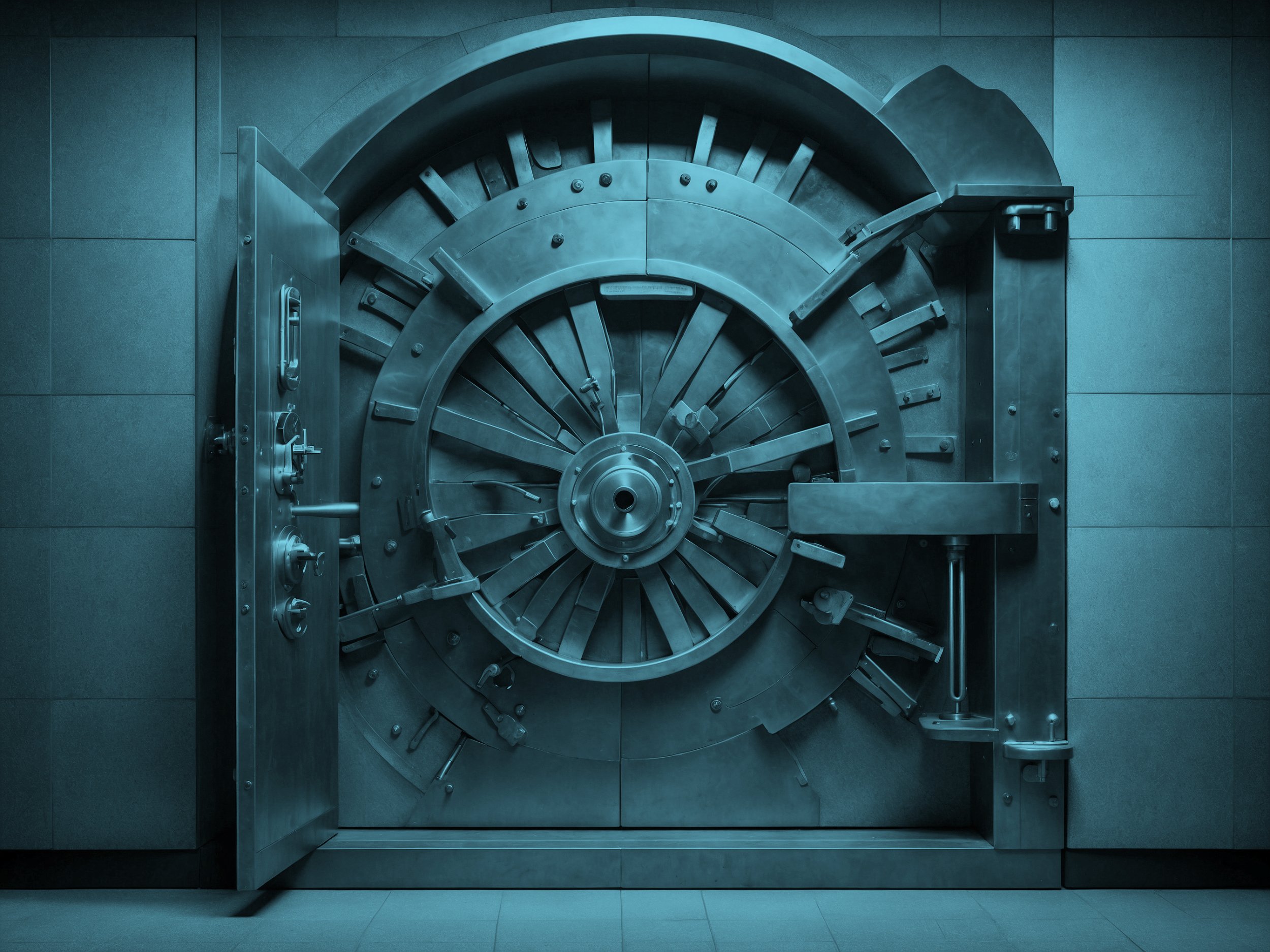 A large, round, metallic vault door embedded in a wall, with a wheel handle and various locking mechanisms.