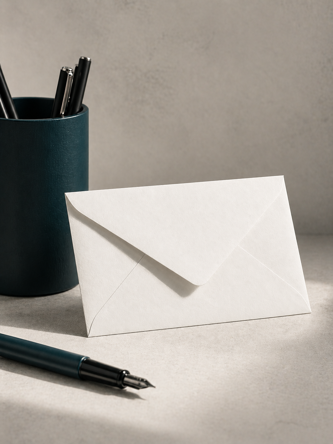A white envelope on a gray surface with a dark green pen in front of it and a dark green container holding pens and pencils in the background.