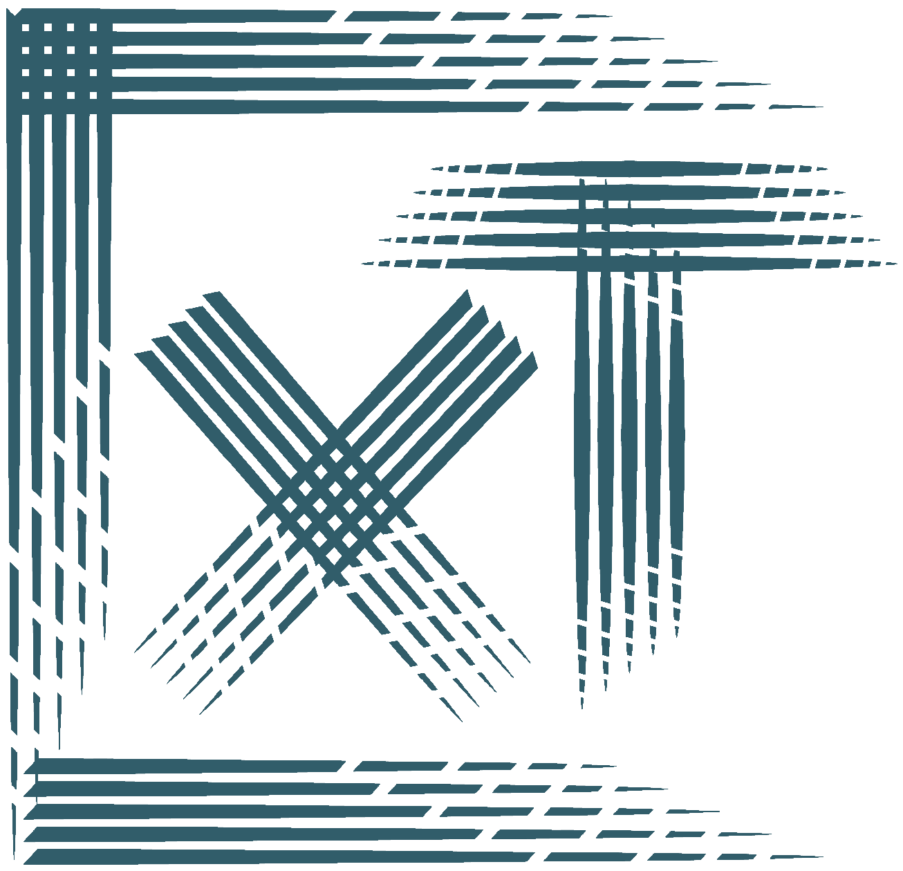 Line art drawing of a stylized American flag with an abstract design, placed behind a bold, angular 'X' shape.