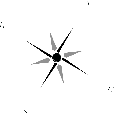 A black and white compass rose showing cardinal directions North, East, South, and West, with additional intermediate directions.