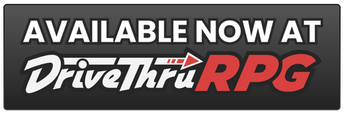 Sign promoting DriveThruRPG, stating 'Available now at DriveThruRPG' with the DriveThruRPG logo in black, white, and red colors.