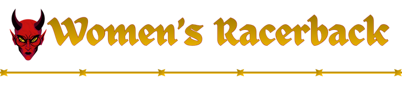 Women's Racerback logo with a devilish character wearing horns and glasses, and gold text reading 'Women's Racerback'.