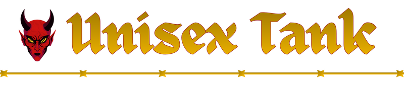 A logo featuring a red devil face with horns and glasses, alongside the text "Unisex Tank" in stylized yellow and red font, with a yellow bar underneath.
