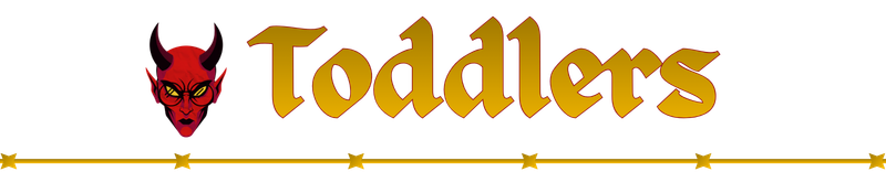 A stylized text logo for 'Toddlers' with a devil face icon beside it and a horizontal line underneath.