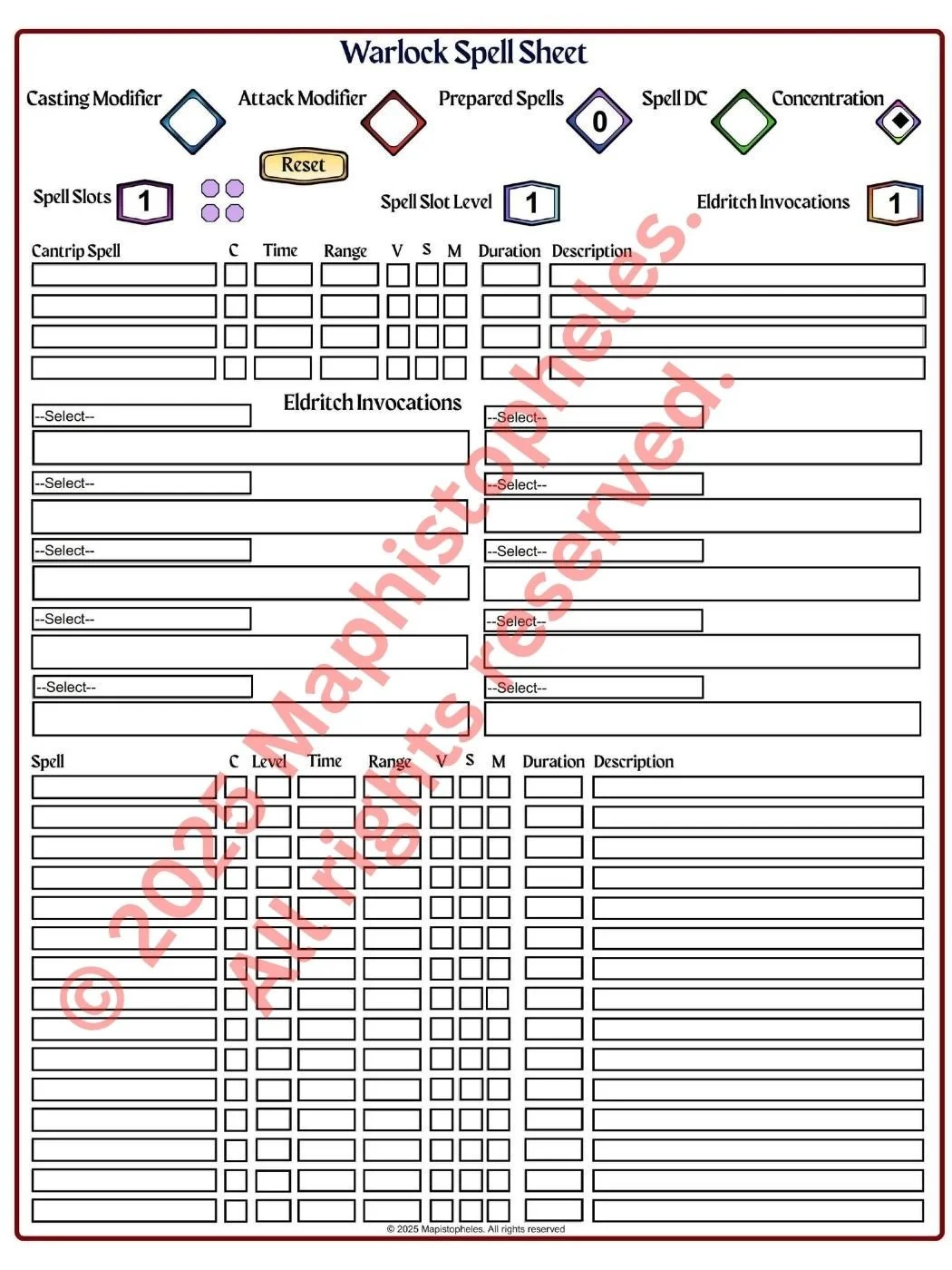 A character sheet for a tabletop role-playing game, featuring spell details for Cleric, Druid, Paladin, and Ranger classes, with sections for spell modifiers, prepared spells, channel divinity, and special notes.