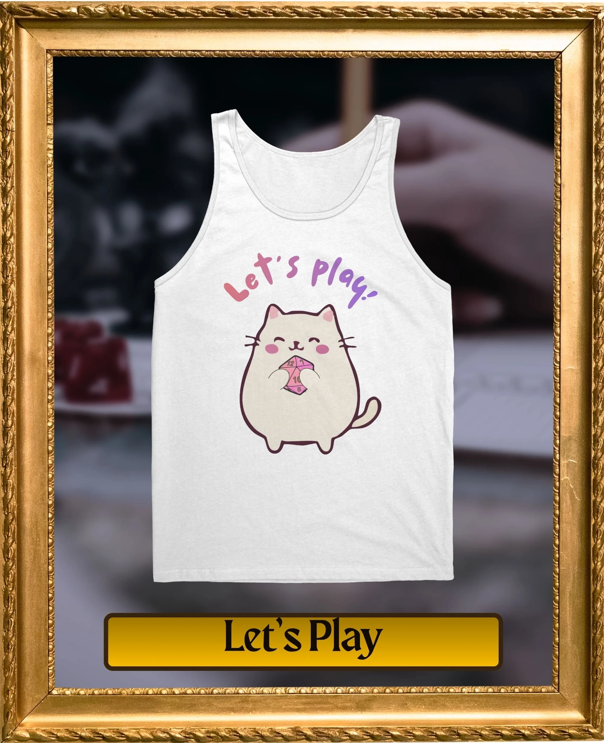 White tank top with a cartoon hamster holding a pink die and the text "Let's Play" written above it.