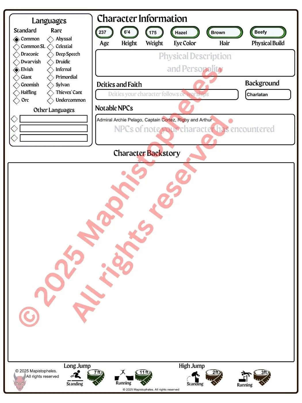 A character sheet for a role-playing game with sections for character information, physical description, background, notable NPCs, and backstory. It includes personality and physical traits, languages, and jump distances.