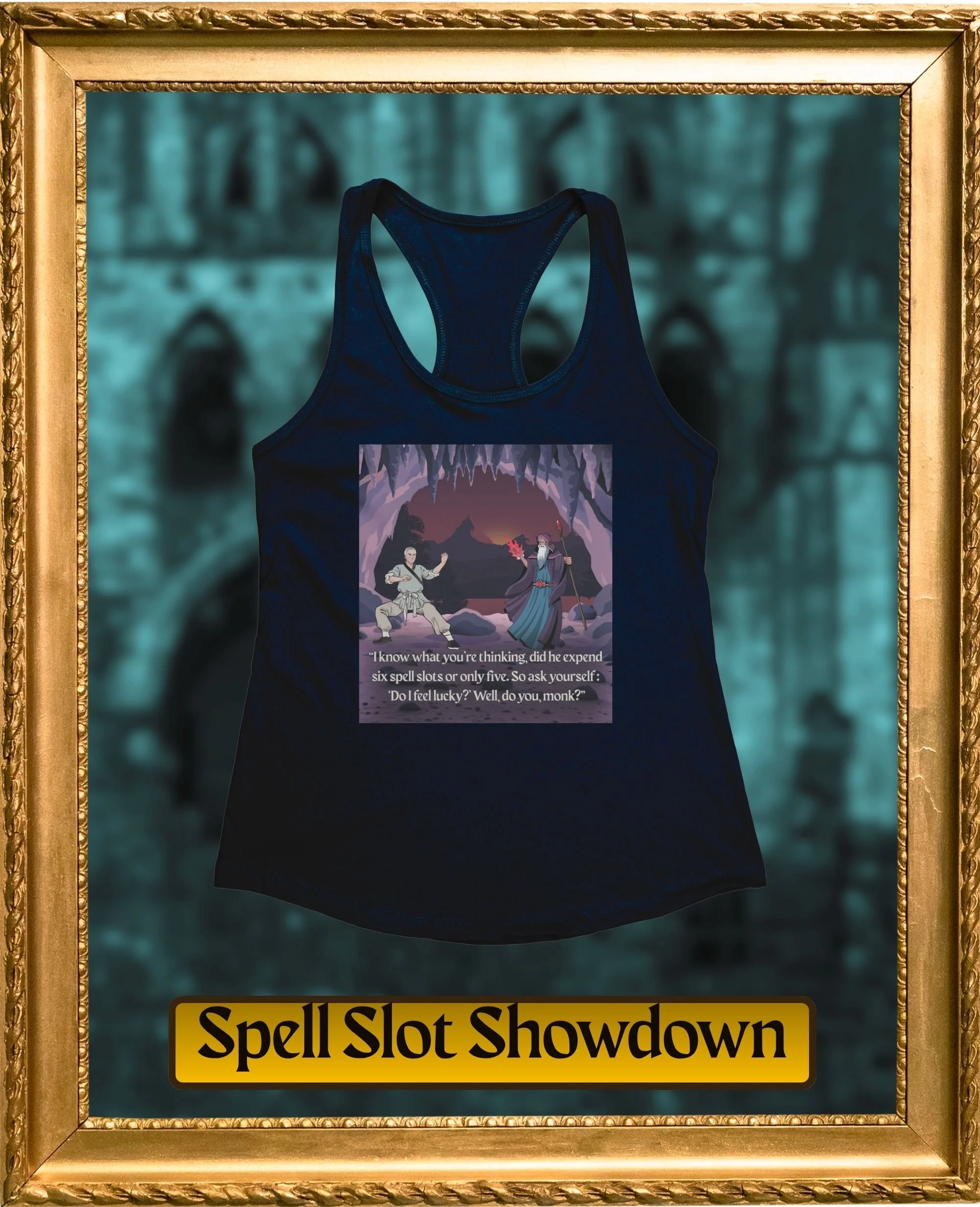 A black tank top featuring an illustration from the animated show "Avatar: The Last Airbender" with characters Aang and Zuko, and a quote about spell slots. The tank top is displayed against a blurred background with a gold ornate frame.