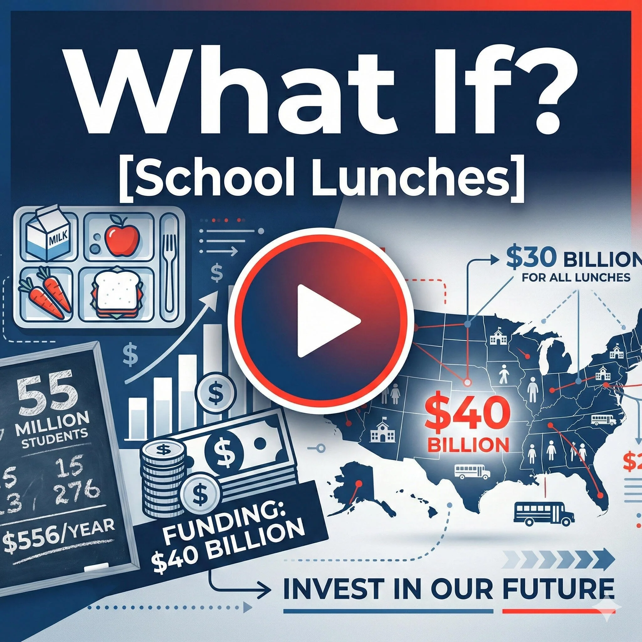 Image with a dark blue background featuring white and red text, graphics, and icons related to funding and investment in education, including dollar signs, stacks of coins, and a world map outline.