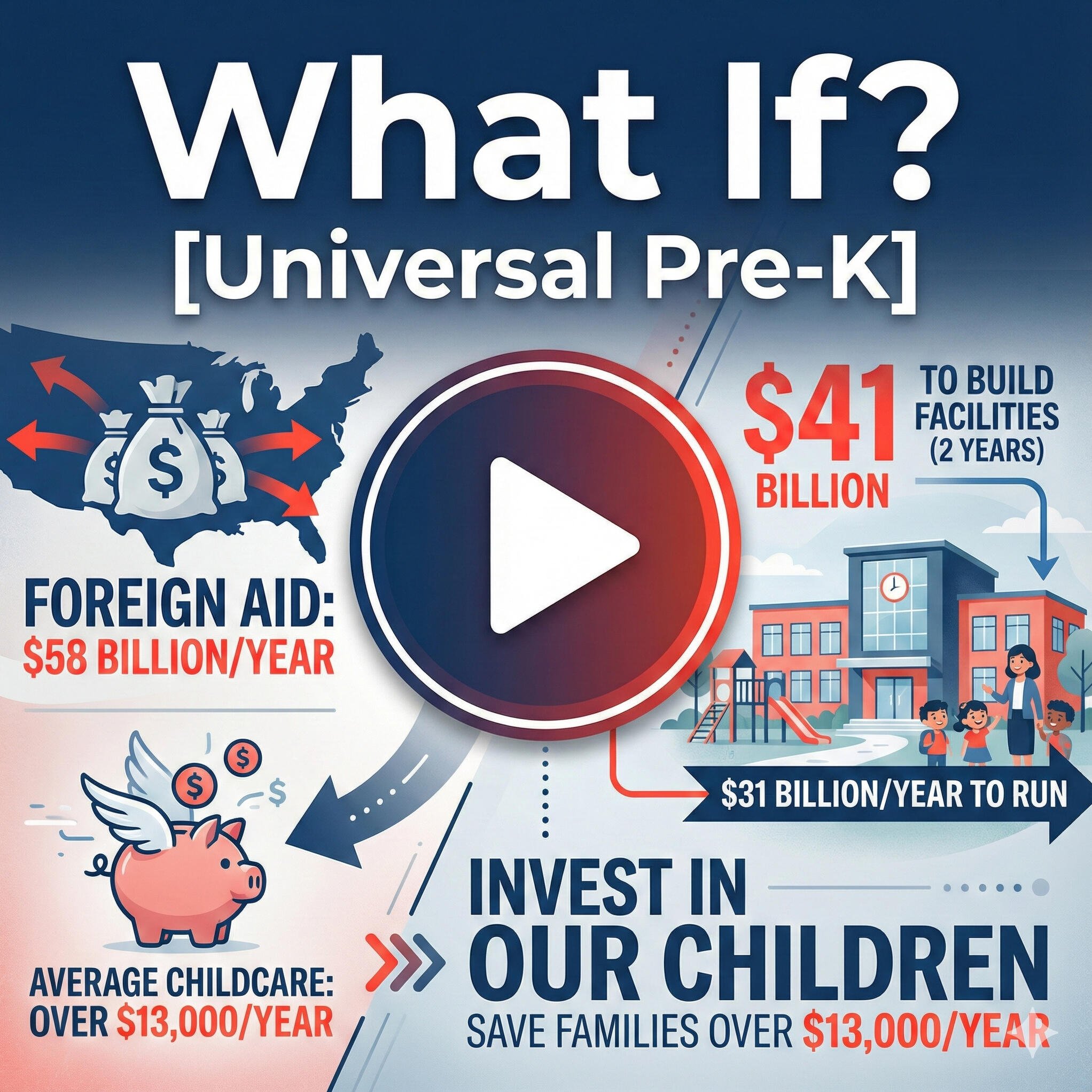 An infographic discussing funding for childcare, education, and healthcare in the United States. It features graphics of a piggy bank, dollar signs, and people, with text indicating amounts of money allocated annually for various social services.