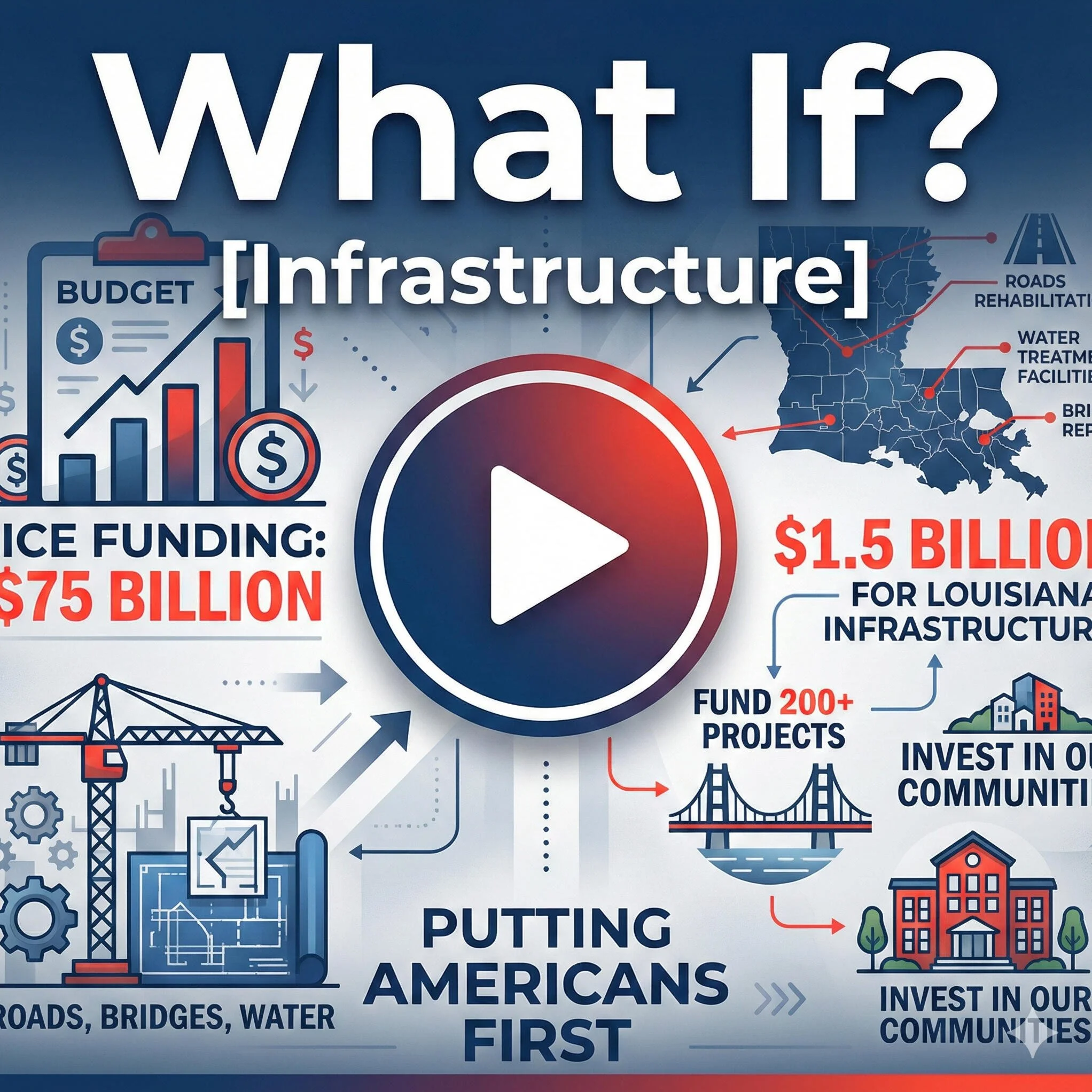 Infographic titled 'What if? Infrastructure' illustrating investment in American infrastructure, including graphics of a construction crane, graphs, a map of the United States with infrastructure projects, and icons representing roads, bridges, water, and energy projects.