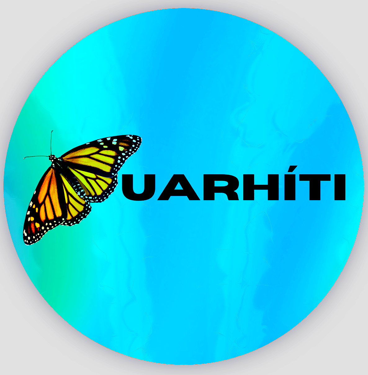 A circular blue gradient background with a monarch butterfly on the left and the word "UARHÍT" in black capital letters in the center.